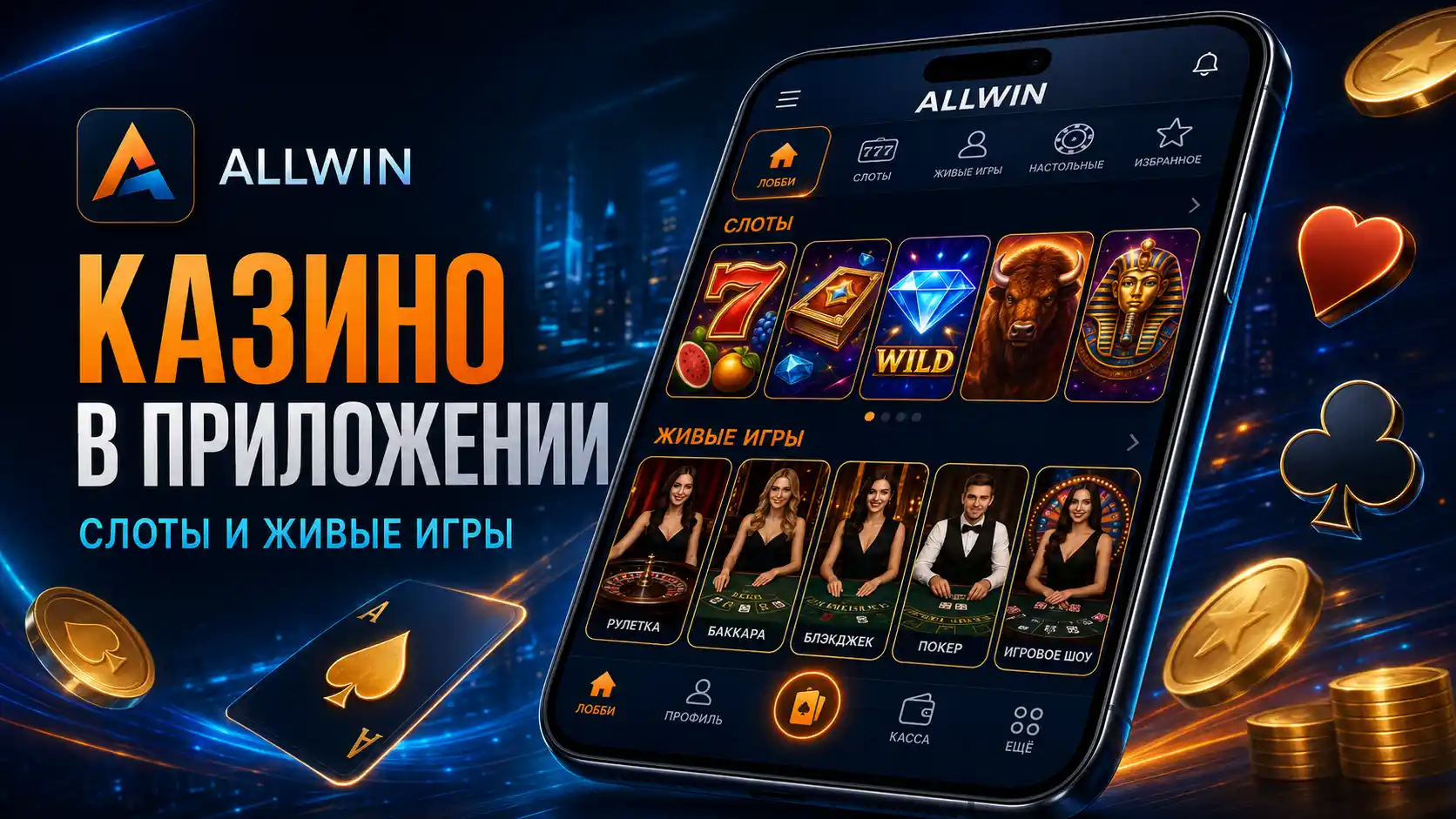 Лобби казино в приложении Allwin — слоты и живые игры